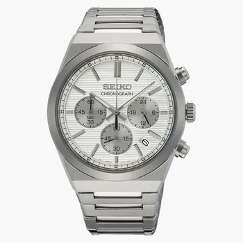 SEIKO SSB451 שעון סייקו כרונוגרף בעיצוב ספורטיבי. לשעון מנגנון קוורץ 8T63 . לוח השעון בגוון לבן עם טקסטורת פסים אנכיים, הכולל תאריכון וכרונוגרף המודד עד 60 דקות ביחידות של חמישית שנייה
