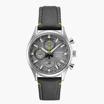 SEIKO שעון SEIKO כרונוגרף בעל מנגנון קוורץ 8T67 מקולקציית ה Essentials. לשעון לוח בגוון אפור מט הכולל סטופר ותאריכון. לשעון רצועת ניילון איכותית עם תפירה צהובה, זכוכית ספיר קריסטל למניעת שריטות
